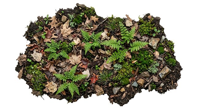 Top down view of forest floor moss fallen autumn leaves small ferns on white background vegetation woodland
