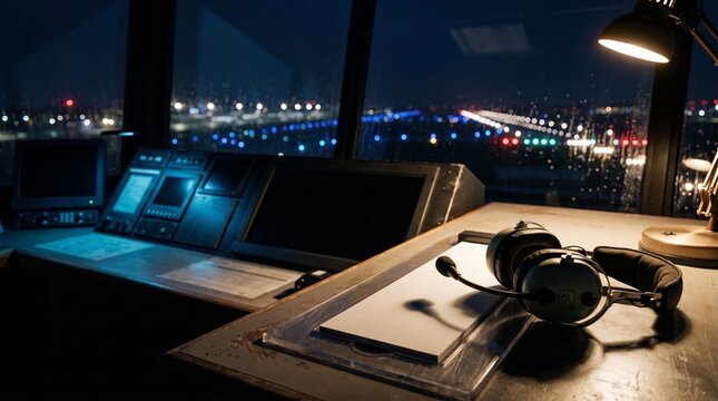 Air Traffic Control Desk With Headset On Blank Clipboard