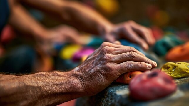 Climber?s hands gripping colorful holds on indoor climbing wall