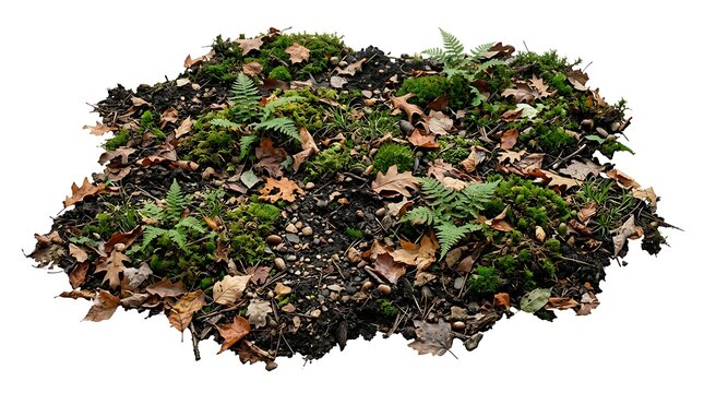 Isolated forest ground patch with green moss dead leaves soil on white background vegetation environment