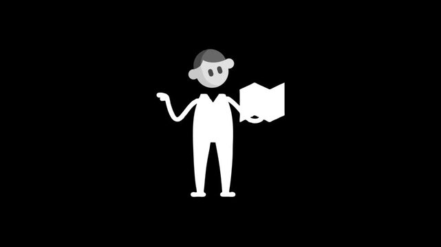 White animated character holding a book and pointing, 2D explainer video motion graphics on black background