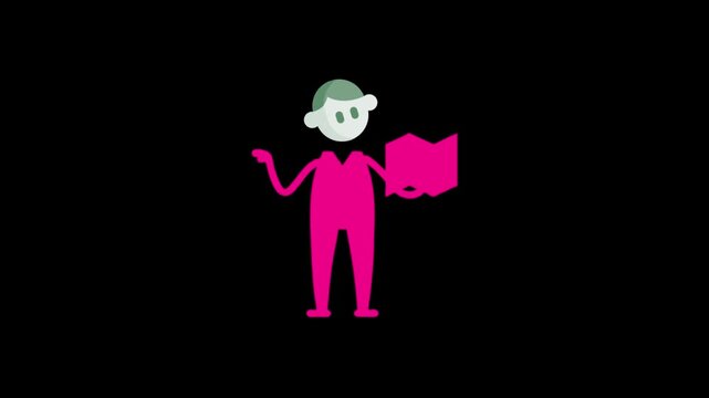 Pink animated character holding a book and pointing, 2D explainer video motion graphics on black background