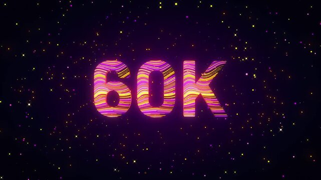 Dynamic 3D animation of a rotating 60K number with flowing purple, yellow, and magenta light trails, glowing particles, and cosmic sparkles creating a futuristic digital achievement scene.