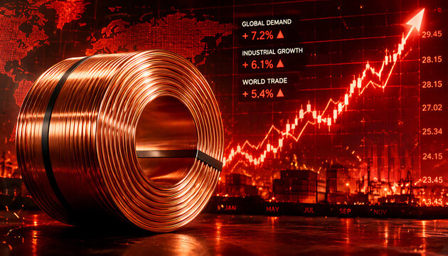 Una brillante bobina de cobre se alza frente a un gr&aacute;fico rojo brillante del mercado financiero.