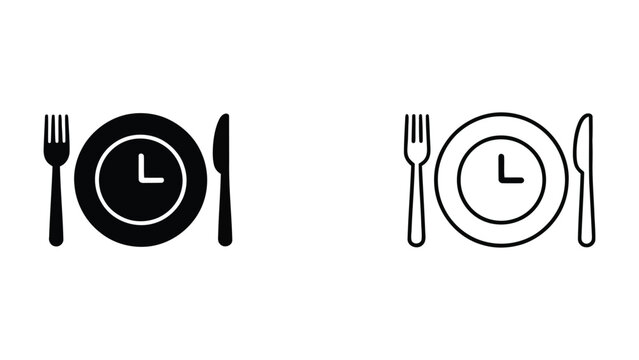meal time icon set with clock plate fork and knife, restaurant dining schedule symbol, food service timing concept in solid and outline vector illustration 