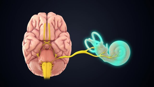 Vestibulocochlear nerve (8th cranial nerve) connected to cochlea 3D animation video