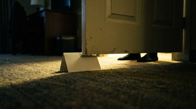 Blank Folded Card Wedged Under Hotel Door With Light Beneath