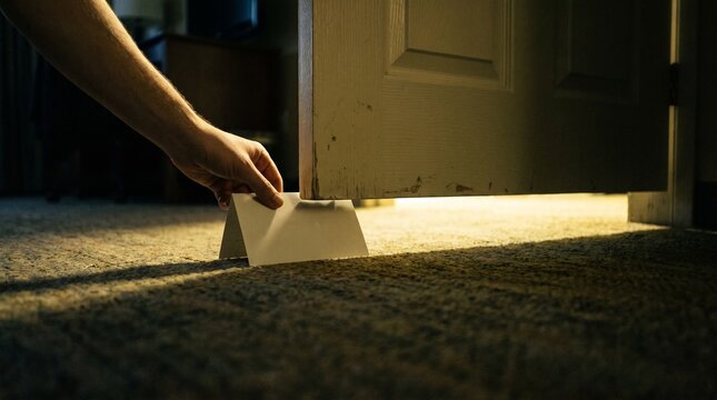Hand Placing Blank Folded Card At Hotel Door Threshold