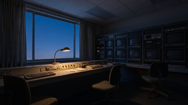 Dark Surveillance Control Room With Monitors Desk Lamp And Blank Paper