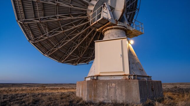 Radio Telescope Dish At Blue Hour With Blank Equipment Cabinet