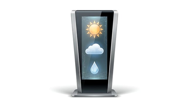 Modern weather station kiosk showing sun cloud and rain icons on digital screen with forecast information technology interface