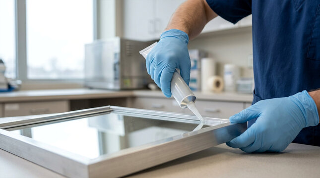 Professional technician in blue gloves applying silicone sealant to a metal frame glass window