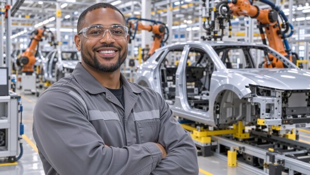 Smiling automotive assembly worker in safety glasses stands with folded arms beside robotic car production lines in a modern factory, highlighting industrial automation and manufacturing.
