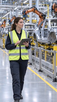 Female automotive engineer holding a tablet and inspecting a robotic car assembly line in a modern manufacturing plant, highlighting industrial automation, technology, and smart factory operations.
