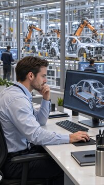 Automotive engineer reviews a digital car design beside robotic assembly lines in a modern factory, combining CAD technology, industrial automation, and smart manufacturing for vehicle production.