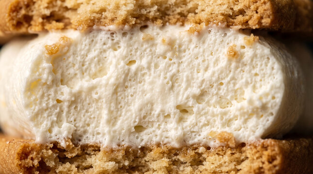 Macro close-up of creamy vanilla ice cream sandwich with textured cookie layers