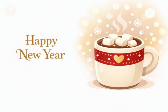 Warm festive hot chocolate mug with marshmallows and steam for happy new year greeting card background and holiday banner design