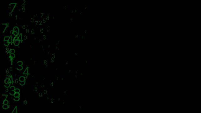 Green numeric code rain on black field, falling matrix data stream for technology programming and cybersecurity visual overlay
