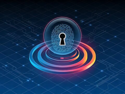 Abstract digital security concept featuring a glowing fingerprint inside a glass orb with a keyhole