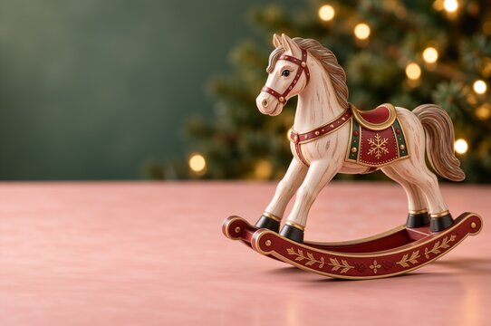 Vintage wooden rocking horse ornament on pink table. Christmas toy decoration banner with copy space and tree bokeh