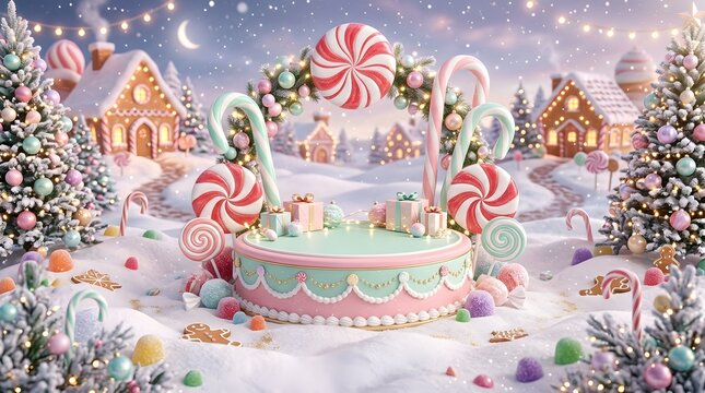 Christmas candy land podium with gingerbread houses and festive decors
