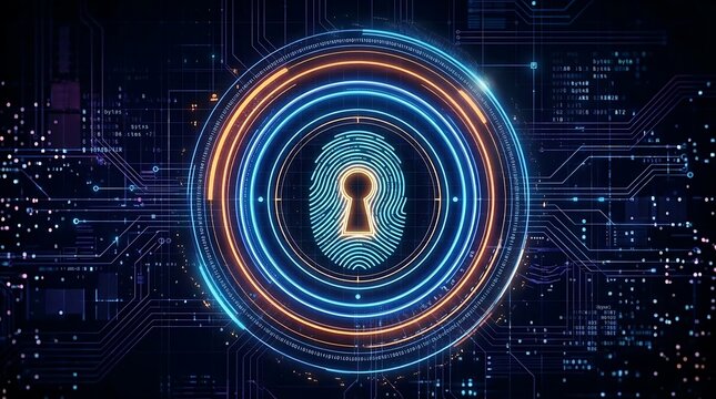 Abstract digital security concept featuring a glowing fingerprint and keyhole graphic over a circuit board background