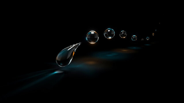A large falling water droplet followed by a trail of smaller spheres on a dark background, liquid