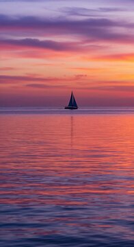 Sailboat sailing on serene water with vibrant sky reflection during a colorful sunset  