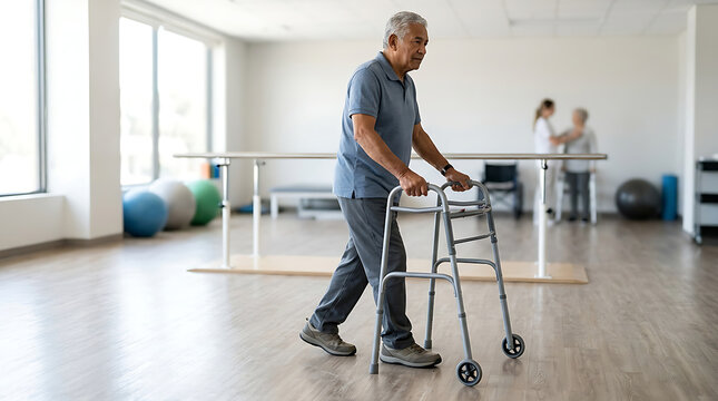 Senior man practicing walking with a medical walker during rehabilitation in a bright clinic
