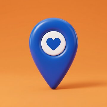 A blue map pin icon featuring a white circle with a heart symbol inside set against an orange background
