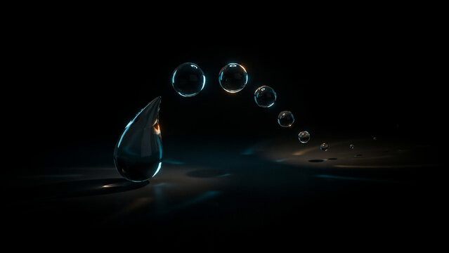 A single large water droplet followed by a sequence of small bubbles on a dark background, liquid