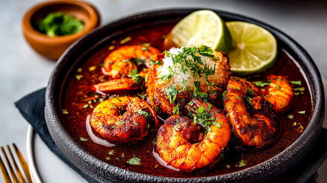 Cooked shrimp in red chili broth with rice and chopped cilantro in black textured bowl with lime halves, close up.