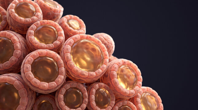 3D medical illustration of thyroid follicles and colloid