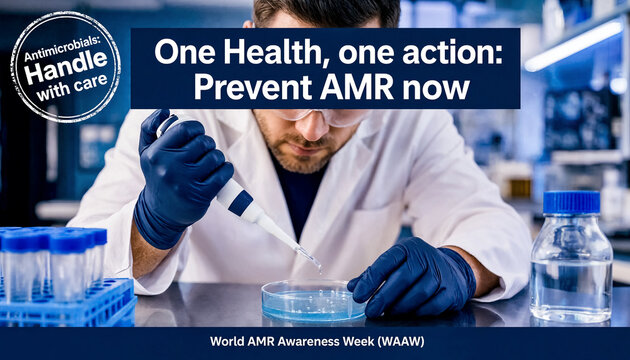 Poster for World AMR Awareness Week with One Health one action Prevent AMR now and a scientist pipetting a sample into a petri dish.