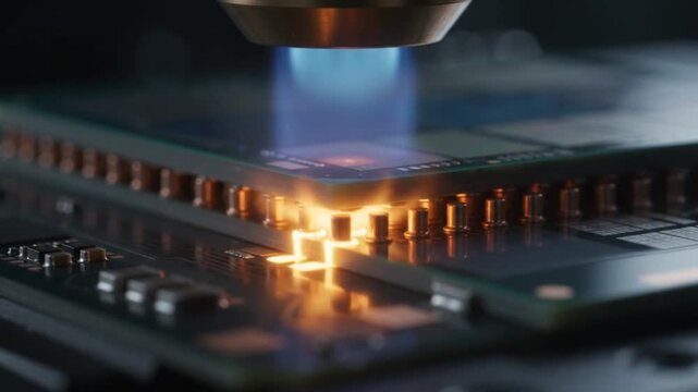 Slow motion extreme close-up of semiconductor hybrid bonding, robotic precision head fusing microscopic silicon die with glowing copper micro-bumps on substrate.