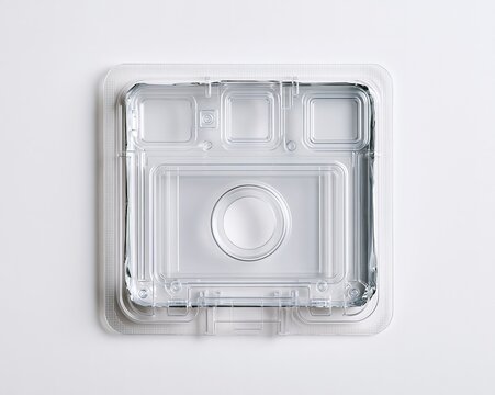 Clear plastic tray with compartments, lid, and circular opening for food storage.