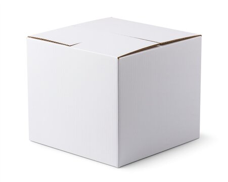 White cardboard box, closed, standing upright against white background.