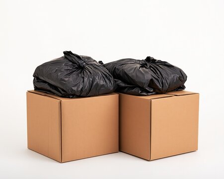 Two cardboard boxes topped with black plastic bags.