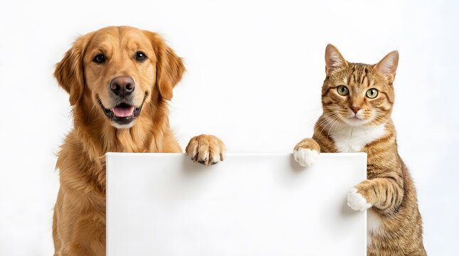 Golden retriever and tabby cat presenting a blank white board together