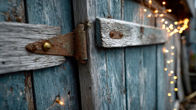 Barn Door Detail with Rusty Hinge and Bokeh Lights, Suggesting a Hidden Story