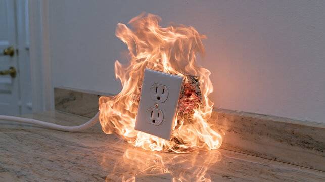 burning power strip with flames and melting plastic on a blue background showing overloaded outlet fire hazard electrical danger and home safety warning