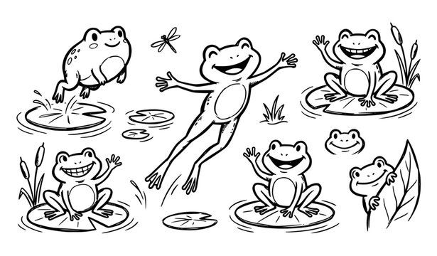 Create a black and white freehand hand-drawn cartoon vector doodle set featuring 12 adorable happy frog characters in different playful poses. Include frogs jumping, sitting, waving, dancing, smiling,