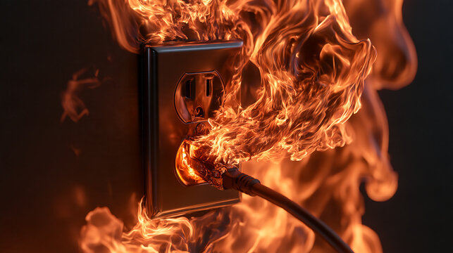 burning power strip with flames and melting plastic on a blue background showing overloaded outlet fire hazard electrical danger and home safety warning