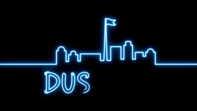 Dushanbe skyline neon line drawing animation on black background with glowing electric blue continuous stroke motion