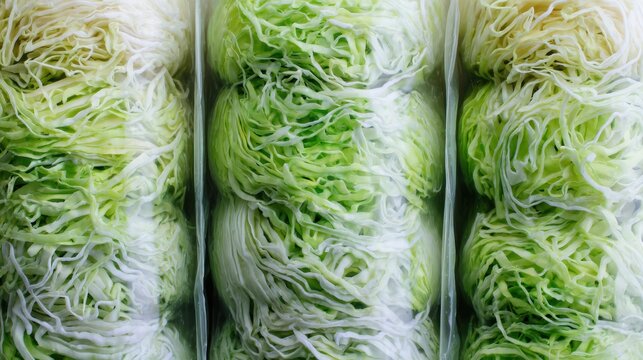 Shredded Cabbage Close-up view of three heads of iceberg lettuce wrapped in plastic on a store shelf.