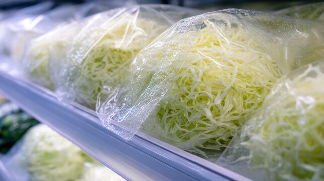 Shredded Cabbage Fresh shredded cabbage packed in transparent plastic bags on a store shelf, ready for sale.