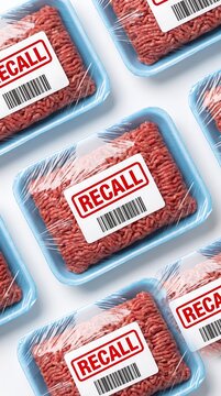 Multiple packages of raw ground meat in plastic trays labeled with red recall warning stickers contaminated food safety product recall warning label red stamp