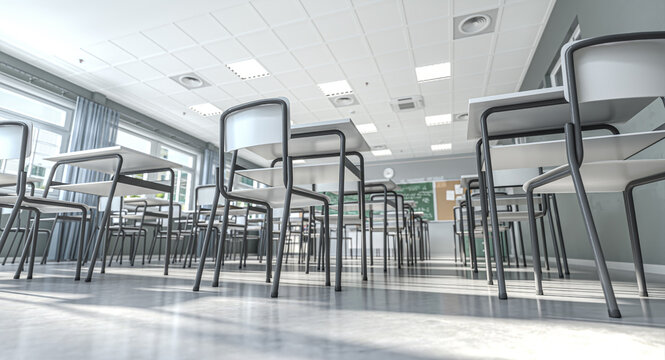 Empty classroom with desks and chairs 3d