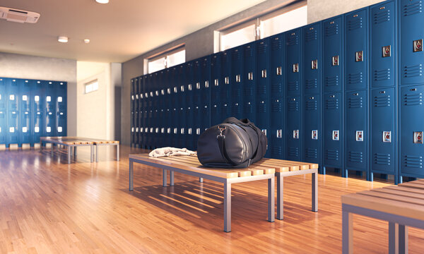 Gym locker room interior with bag and benches 3d