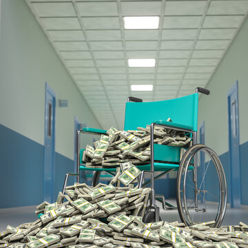 Wheelchair overflowing with money 3d
